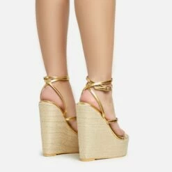 EGO Arred Clear Perspex Strap Detail Woven Platform Wedge In Gold Faux Leather -EGO Sales Store 20 01 23 fw acc50852 sb2