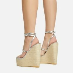EGO Arred Clear Perspex Strap Detail Woven Platform Wedge In Silver Faux Leather -EGO Sales Store 20 01 23 fw acc50856 sb