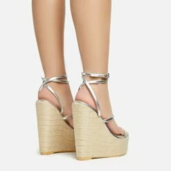 EGO Arred Clear Perspex Strap Detail Woven Platform Wedge In Silver Faux Leather -EGO Sales Store 20 01 23 fw acc50857 sb2