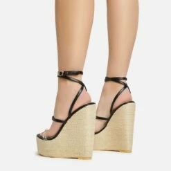 EGO Arred Clear Perspex Strap Detail Woven Platform Wedge In Black Faux Leather -EGO Sales Store 20 01 23 fw acc50866 sb