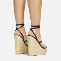 EGO Arred Clear Perspex Strap Detail Woven Platform Wedge In Black Faux Leather -EGO Sales Store 20 01 23 fw acc50867 sb2