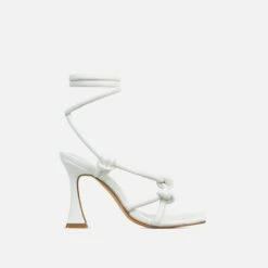 EGO Vera Lace Up Knotted Strap Detail Square Toe Flared Block Heel In White Faux Leather