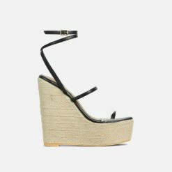 EGO Arred Clear Perspex Strap Detail Woven Platform Wedge In Black Faux Leather -EGO Sales Store 20 01 23 fw acc50931 sq