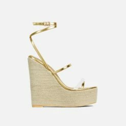 EGO Arred Clear Perspex Strap Detail Woven Platform Wedge In Gold Faux Leather -EGO Sales Store 20 01 23 fw acc50933 sq