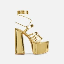 EGO Amazoness Lace Up Extreme Strappy Detail Platform Block Heel In Gold Patent -EGO Sales Store 20 01 23 fw acc50942 sq