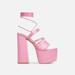 EGO Amazoness Lace Up Extreme Strappy Detail Platform Block Heel In Pink Patent -EGO Sales Store 20 01 23 fw acc50944 sq