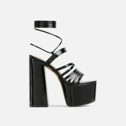 EGO Amazoness Lace Up Extreme Strappy Detail Platform Block Heel In Black Patent -EGO Sales Store 20 01 23 fw acc50945 sq