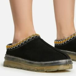 EGO Lil Aztec Detail Chunky Rubber Sole Faux Fur Lining Flat Slipper In Black Faux Suede -EGO Sales Store 20 01 23 fw acc51045 sq