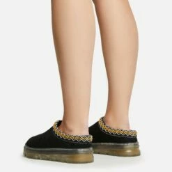 EGO Lil Aztec Detail Chunky Rubber Sole Faux Fur Lining Flat Slipper In Black Faux Suede -EGO Sales Store 20 01 23 fw acc51046 sq