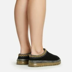 EGO Lil Aztec Detail Chunky Rubber Sole Faux Fur Lining Flat Slipper In Black Faux Suede -EGO Sales Store 20 01 23 fw acc51047 sq