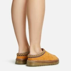 EGO Lil Aztec Detail Chunky Rubber Sole Faux Fur Lining Flat Slipper In Chestnut Brown Faux Suede -EGO Sales Store 20 01 23 fw acc51051 sq