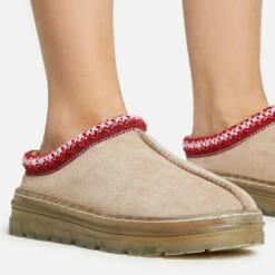 EGO Lil Aztec Detail Chunky Rubber Sole Faux Fur Lining Flat Slipper In Taupe Faux Suede -EGO Sales Store 20 01 23 fw acc51053 sq