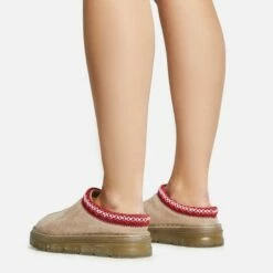 EGO Lil Aztec Detail Chunky Rubber Sole Faux Fur Lining Flat Slipper In Taupe Faux Suede -EGO Sales Store 20 01 23 fw acc51054 sq