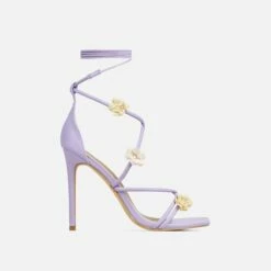 EGO Flower-Child Lace Up Strappy 3D Flower Detail Square Toe Stiletto Heel In Lilac Faux Leather -EGO Sales Store 20 01 23 fw acc52662 sq