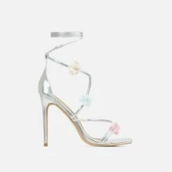 EGO Flower-Child Lace Up Strappy 3D Flower Detail Square Toe Stiletto Heel In Silver Faux Leather -EGO Sales Store 20 01 23 fw acc52663 sq