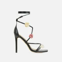 EGO Flower-Child Lace Up Strappy 3D Flower Detail Square Toe Stiletto Heel In Black Faux Leather -EGO Sales Store 20 01 23 fw acc52665 sq