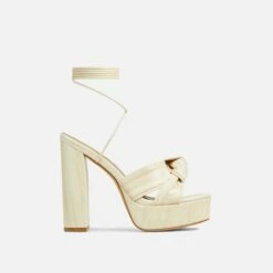 EGO Stacked Lace Up Knotted Strap Detail Peep Toe Wood Effect Platform Block Heel In Beige Faux Leather -EGO Sales Store 20 01 23 fw acc52696 sq