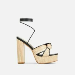 EGO Stacked Lace Up Knotted Strap Detail Peep Toe Wood Effect Platform Block Heel In Black Faux Leather -EGO Sales Store 20 01 23 fw acc52697 sq 1