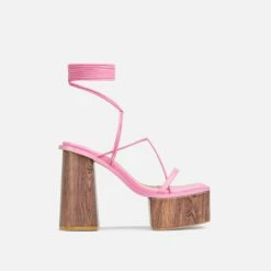 EGO Free-Soul Lace Up Strappy Square Toe Wood Effect Platform Block Heel In Pink Faux Leather -EGO Sales Store 20 01 23 fw acc52700 sq