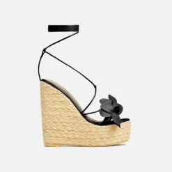 EGO Bloomy Lace Up 3D Flower Detail Woven Platform Wedge Heel In Black Faux Leather