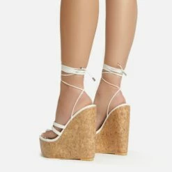 EGO Meg Lace Up Strappy Cork Platform Wedge Heel In White Faux Leather -EGO Sales Store 20 01 23 fw acc52746 sb