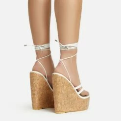 EGO Meg Lace Up Strappy Cork Platform Wedge Heel In White Faux Leather -EGO Sales Store 20 01 23 fw acc52747 sb2
