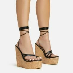 EGO Meg Lace Up Strappy Cork Platform Wedge Heel In Black Faux Leather