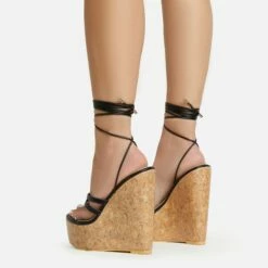 EGO Meg Lace Up Strappy Cork Platform Wedge Heel In Black Faux Leather -EGO Sales Store 20 01 23 fw acc52750 sb2