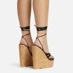 EGO Meg Lace Up Strappy Cork Platform Wedge Heel In Black Faux Leather -EGO Sales Store 20 01 23 fw acc52751 sb2