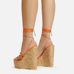 EGO Meg Lace Up Strappy Cork Platform Wedge Heel In Orange Faux Leather -EGO Sales Store 20 01 23 fw acc52754 sb