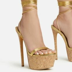 EGO West-Coast Lace Up Open Toe Cork Platform Stiletto Heel In Gold Faux Leather -EGO Sales Store 20 01 23 fw acc52757 sq