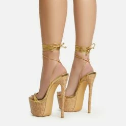 EGO West-Coast Lace Up Open Toe Cork Platform Stiletto Heel In Gold Faux Leather -EGO Sales Store 20 01 23 fw acc52758 sb
