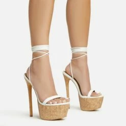 EGO West-Coast Lace Up Open Toe Cork Platform Stiletto Heel In White Faux Leather