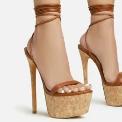EGO West-Coast Lace Up Open Toe Cork Platform Stiletto Heel In Tan Brown Faux Leather -EGO Sales Store 20 01 23 fw acc52769 sq