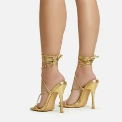 EGO Summer-Night Lace Up Textured Strap Detail Square Toe Heel In Gold Faux Leather -EGO Sales Store 20 01 23 fw acc52791 sb