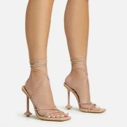 EGO Fonteyn Lace Up Square Toe Statement Heel In Nude Faux Leather