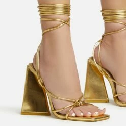 EGO Love-Booth Lace Up Knotted Strap Detail Square Toe Sculptured Flared Block Heel In Gold Faux Leather -EGO Sales Store 20 01 23 fw acc52822 sq