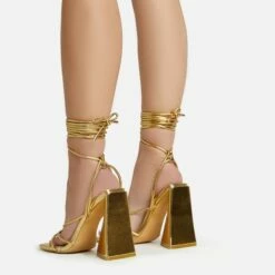 EGO Love-Booth Lace Up Knotted Strap Detail Square Toe Sculptured Flared Block Heel In Gold Faux Leather -EGO Sales Store 20 01 23 fw acc52823 sb2