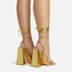 EGO Love-Booth Lace Up Knotted Strap Detail Square Toe Sculptured Flared Block Heel In Gold Faux Leather -EGO Sales Store 20 01 23 fw acc52824 sb