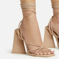 EGO Love-Booth Lace Up Knotted Strap Detail Square Toe Sculptured Flared Block Heel In Nude Faux Leather -EGO Sales Store 20 01 23 fw acc52830 sq