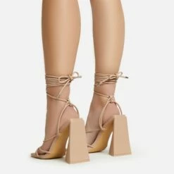 EGO Love-Booth Lace Up Knotted Strap Detail Square Toe Sculptured Flared Block Heel In Nude Faux Leather -EGO Sales Store 20 01 23 fw acc52831 sb2