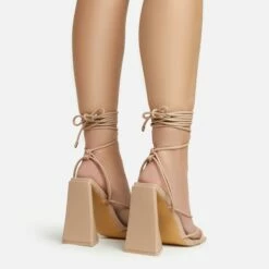 EGO Love-Booth Lace Up Knotted Strap Detail Square Toe Sculptured Flared Block Heel In Nude Faux Leather -EGO Sales Store 20 01 23 fw acc52832 sb2