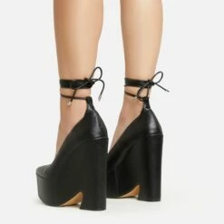 EGO Wandering Lace Up Pointed Toe Platform Wedge Heel In Black Faux Leather -EGO Sales Store 20 01 23 fw acc52896 sb