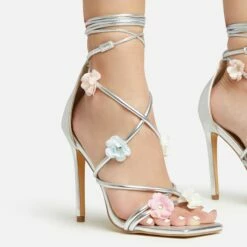 EGO Flower-Child Lace Up Strappy 3D Flower Detail Square Toe Stiletto Heel In Silver Faux Leather -EGO Sales Store 20 01 23 fw acc52993 sq