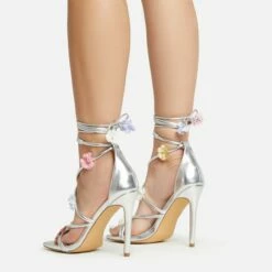 EGO Flower-Child Lace Up Strappy 3D Flower Detail Square Toe Stiletto Heel In Silver Faux Leather -EGO Sales Store 20 01 23 fw acc52994 sq