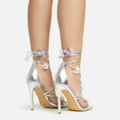 EGO Flower-Child Lace Up Strappy 3D Flower Detail Square Toe Stiletto Heel In Silver Faux Leather -EGO Sales Store 20 01 23 fw acc52995 sq