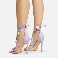 EGO Flower-Child Lace Up Strappy 3D Flower Detail Square Toe Stiletto Heel In Lilac Faux Leather -EGO Sales Store 20 01 23 fw acc53002 sq