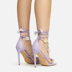 EGO Flower-Child Lace Up Strappy 3D Flower Detail Square Toe Stiletto Heel In Lilac Faux Leather -EGO Sales Store 20 01 23 fw acc53003 sq