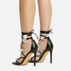 EGO Flower-Child Lace Up Strappy 3D Flower Detail Square Toe Stiletto Heel In Black Faux Leather -EGO Sales Store 20 01 23 fw acc53006 sq