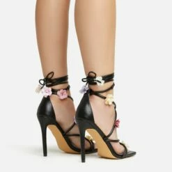 EGO Flower-Child Lace Up Strappy 3D Flower Detail Square Toe Stiletto Heel In Black Faux Leather -EGO Sales Store 20 01 23 fw acc53007 sq